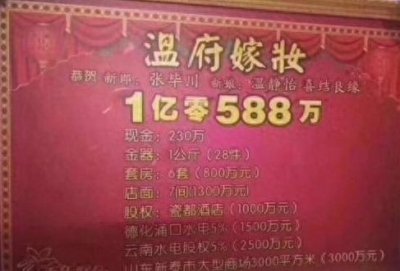 ​意尔康女儿出嫁，1亿零588万外加6套房7间店面一家商场，全国最大